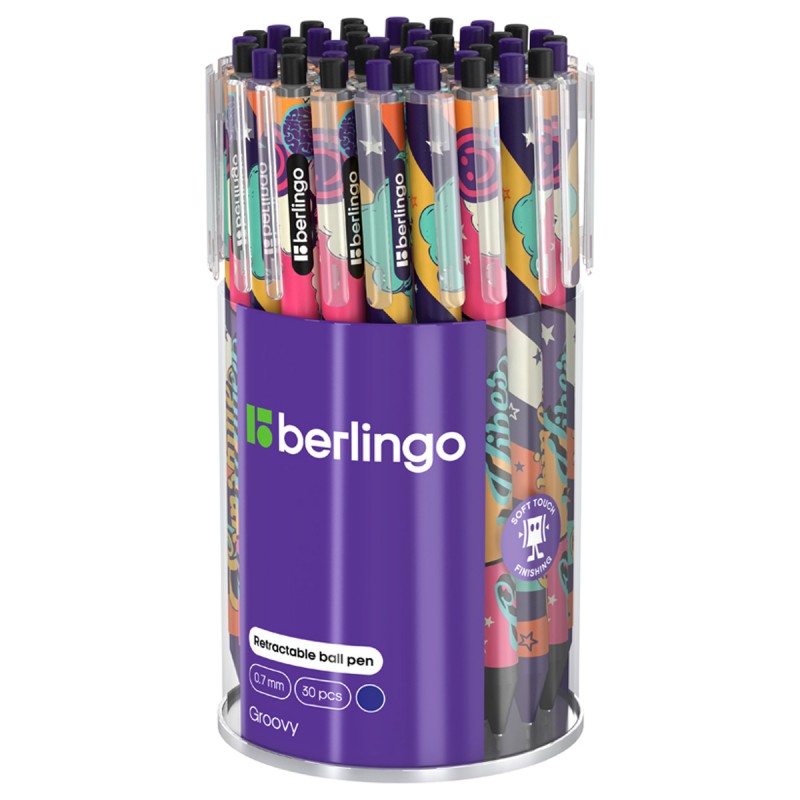 Ручка шариковая автоматическая Berlingo "Groovy" синяя, 0,7мм, грип, рисунок на корпусе, soft-touch, ассорти
