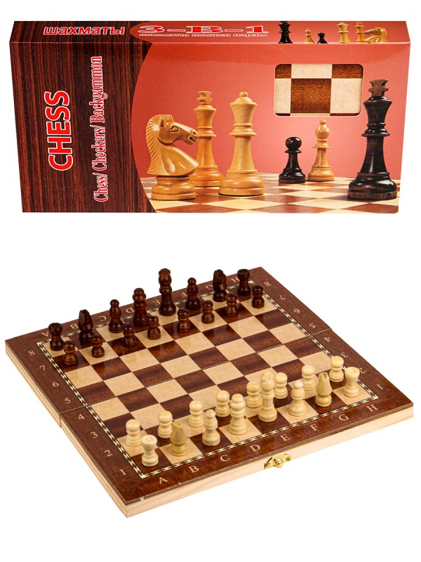Игра 3 в 1 дерево лакиров (нарды, шашки, шахматы) (24х12х3см) фигуры-дерево в коробке (Арт. AN02595)