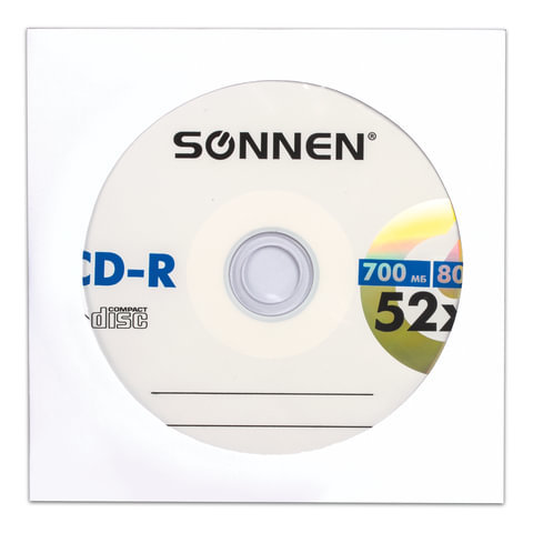 Диск CD-R SONNEN 700Mb 52x бумажный конверт (1 штука)