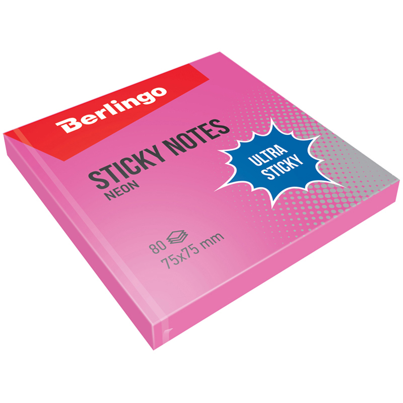 Самоклеящийся блок Berlingo "Ultra Sticky", 75*75мм, 80л., розовый неон