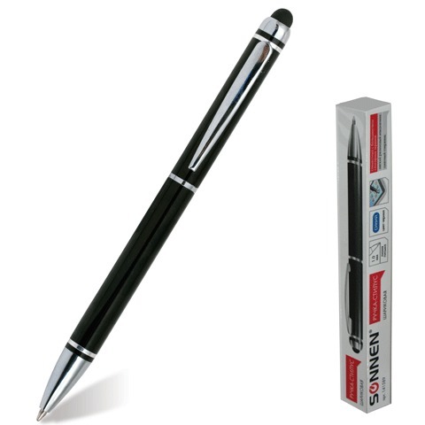 Ручка-стилус SONNEN для смартфонов/планшетов, СИНЯЯ, корпус черный, серебристые детали, линия письма