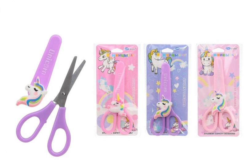Ножницы детские с пластиковыми ручками, длина ножниц 13,5 см, лезвие 6,5 см в чехле, в блистере, 3 цвета. ЕДИНОРОЖКА