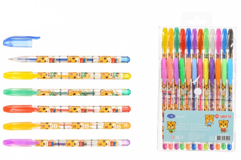Набор гелевых ручек: "ТИГРЫ"; МС-5530-24, ароматизированные, неон и с блёстками, прозрачный пластиковый корпус с рисунком, цветной колпачок