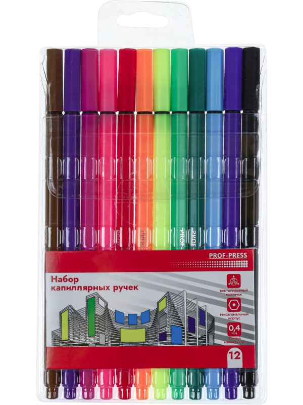 Набор ручек капиллярных 12 цв, гексагональный корпус, d=0,4 мм