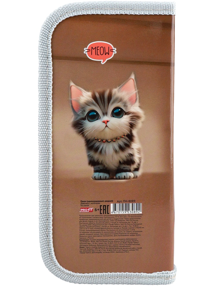 Пенал 1-секц, средний ДЕВОЧКА С КОТЁНКОМ НА РУКАХ (ПН-8089) 190х90, ламинированный карт