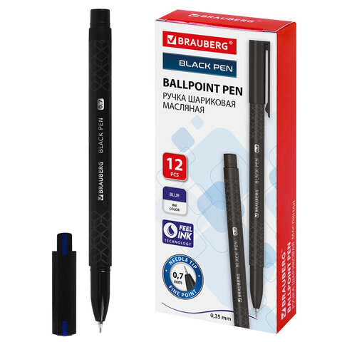 Ручка шариковая масляная BRAUBERG BLACK PEN, СИНЯЯ, игольчатый узел 0,7 мм, линия письма 0,35 мм, 144325