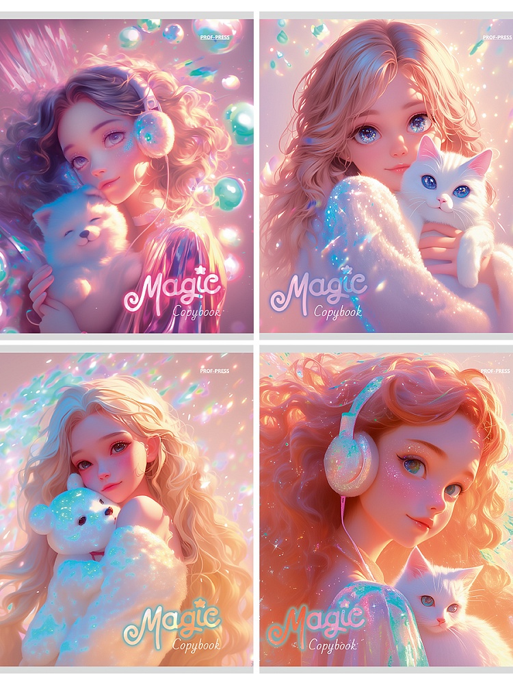 Тетрадь КЛЕТКА 96л. СИЯЮЩИЕ ДЕВУШКИ И ЖИВОТНЫЕ (Т96-4889) глиттер, цвет.мелов.обл