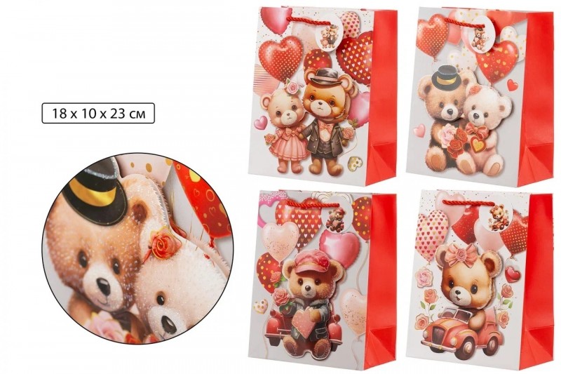 Подарочный пакет: "МИШКИ"; плотный, цветной с рисунком и блёстками, с объёмной аппликацией /ассорти/