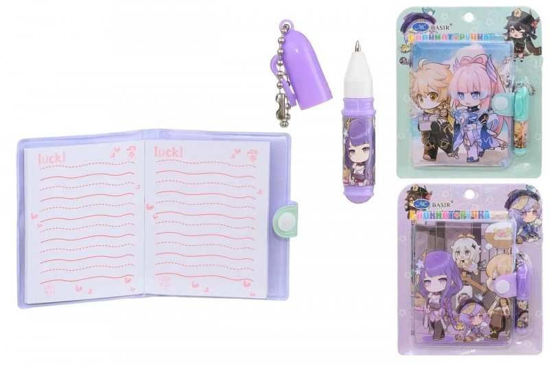 Набор подарочный канцелярский: детский "АНИМЕ"; блокнот на кнопке /10,3*8 см/+мини ручка, пластиковая упаковка на подложке /14,5*12 см/.