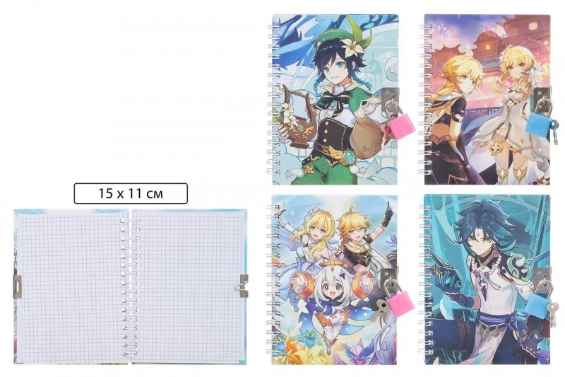 Блокнот детский+замочек: "АНИМЕ"; цветная 7БЦ обложка с рисунком /ассорти/, блок-клетка, на гребне, 48 л.; 15*11 см.