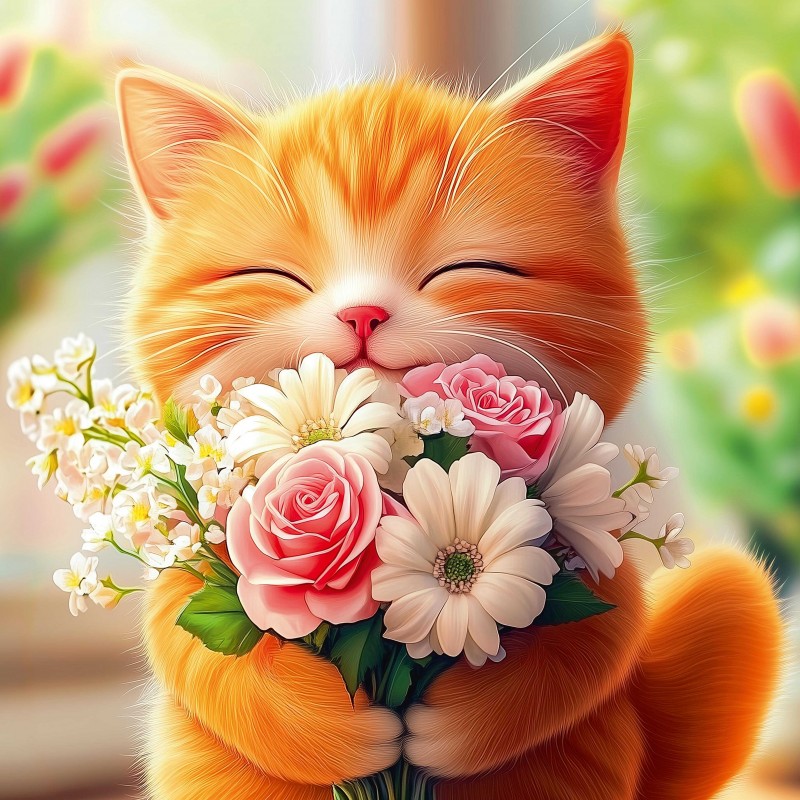 Алмазная мозаика с частичной выкладкой (набор для творчества) арт. 71438 / 25 КОТЕНОК С БУКЕТОМ, размер: 30*30 см, (12 цветов страз, холст на подрамн