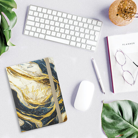 Блокнот с резинкой в клетку 96 л., А5 145х203 мм, твердая обложка с фольгой, BRAUBERG, "Marble", 115536