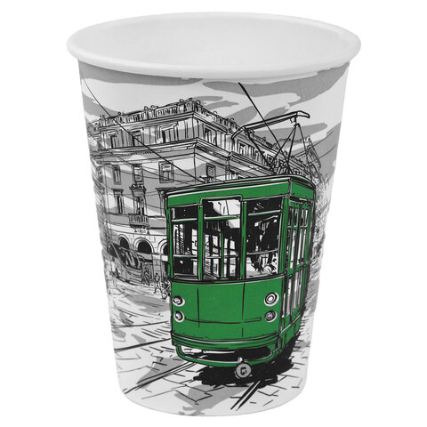 Стакан одноразовый бумажный 300/360 мл, D 90 мм, с печатью ГОРОД, КОМПЛЕКТ 50 шт., холодное/горячее, WELDAY (ВЭЛДЭЙ), 702696