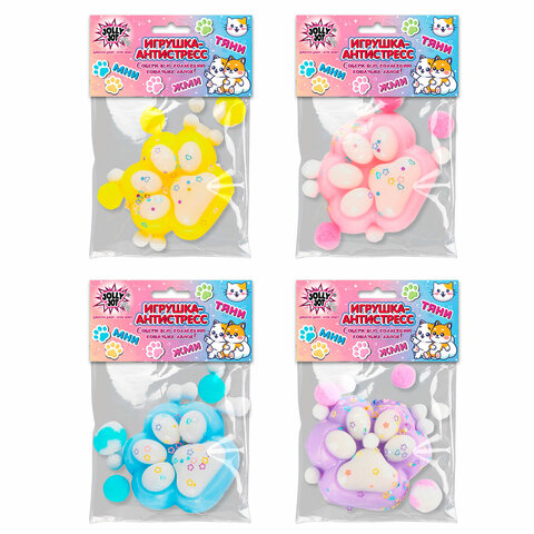 Игрушка-антистресс "ДВУХЦВЕТНАЯ КОШАЧЬЯ ЛАПКА С ПОМПОНАМИ", 7х6 см, ассорти 4 вида, дисплей, JOLLY JOT (ДЖОЛЛИ ДЖОТ)