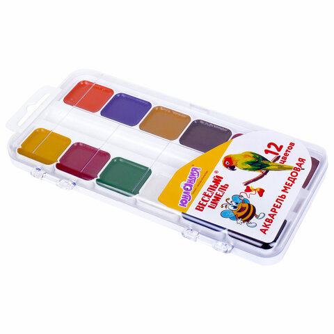 Краски акварельные ЮНЛАНДИЯ "ВЕСЁЛЫЙ ШМЕЛЬ", медовые, 12 цветов, квадратные кюветы, пластик