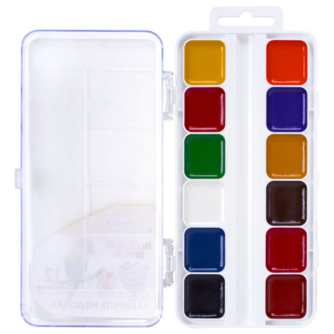 Краски акварельные ЮНЛАНДИЯ "ВЕСЁЛЫЙ ШМЕЛЬ", медовые, 12 цветов, квадратные кюветы, пластик