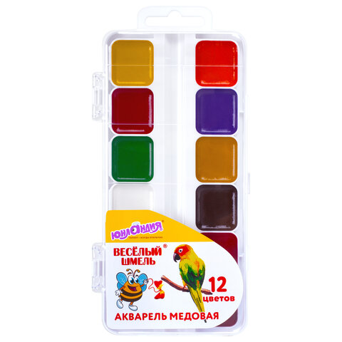Краски акварельные ЮНЛАНДИЯ "ВЕСЁЛЫЙ ШМЕЛЬ", медовые, 12 цветов, квадратные кюветы, пластик