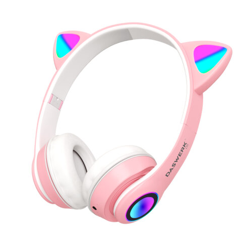 Наушники беспроводные игровые накладные, с ушками, светящиеся, розовые DASWERK (ДАСВЕРК) VZV-23M