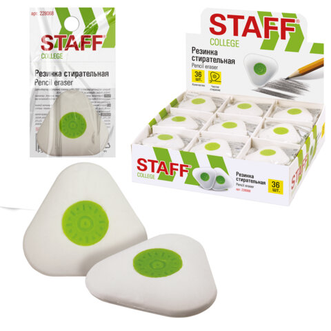 Ластик STAFF College PE-068, 35х35х10 мм, треугольный, салатовый пластиковый держатель, 228068