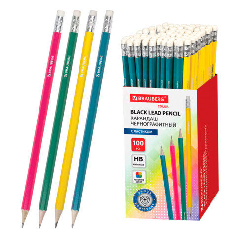 Карандаш чернографитный BRAUBERG, 1 шт., Fluor, НВ, с ластиком, корпус неоновый ассорти, заточенный, 180613