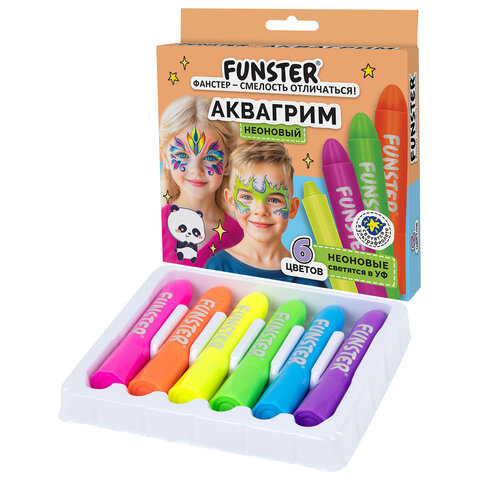 Аквагрим для лица и тела, 6 НЕОНОВЫХ цветов, FUNSTER (ФАНСТЕР), легко смываются