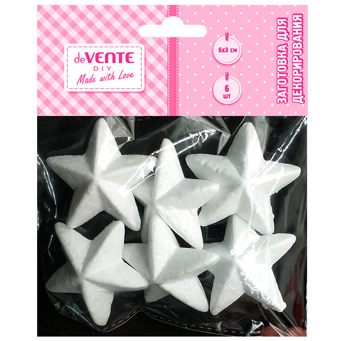 Набор д/декорирования deVente "Заготовка для декорирования. Звезды", 60*30мм, 6шт, белые, пенополистирол Закладка Новый год