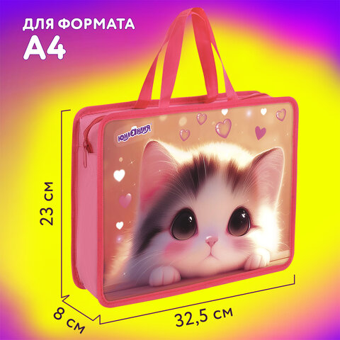 Папка на молнии с ручками ЮНЛАНДИЯ А4, 1 отделение, пластик, 80 мм, "Dreamy kitty"