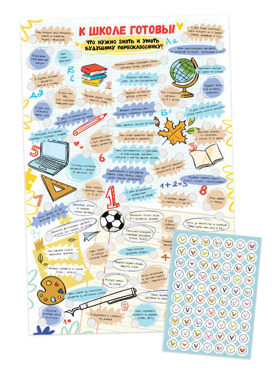 Чек-лист арт. 57932 К ШКОЛЕ ГОТОВЫ! ЧТО НУЖНО ЗНАТЬ И УМЕТЬ БУДУЩЕМУ ПЕРВОКЛАССНИКУ /330х550 мм, 1 л., блок - бумага мелованная 130 г/м2, полноцветная