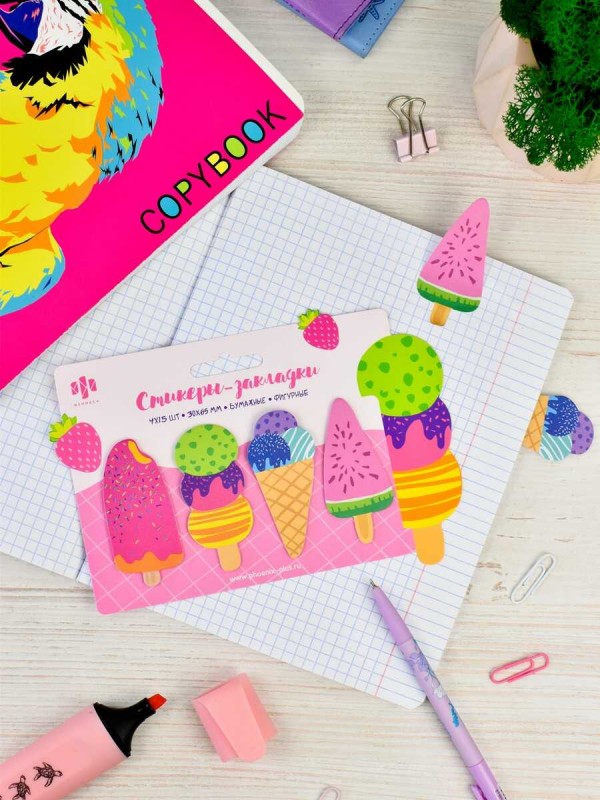 Стикеры-закладки бумажные, 30x65 мм, 60 шт., арт. 66588 / 25 МОРОЖЕНОЕ (материал: дизайнерская бумага 80 г/м², цвет: зелёный, оранжевый, розовый; кол-