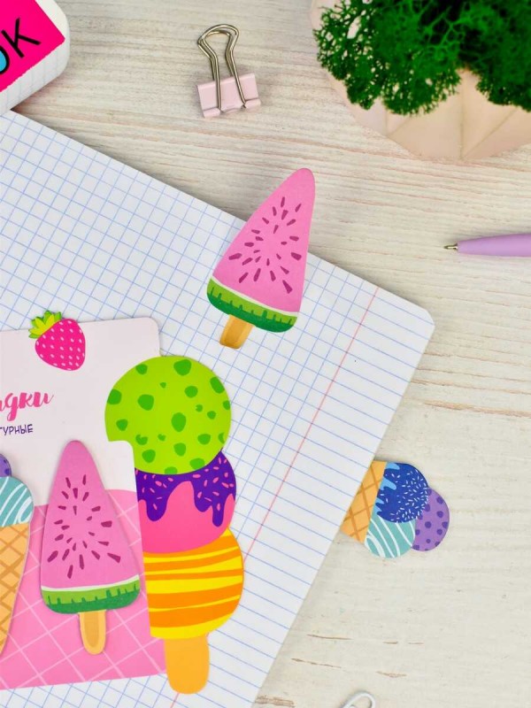 Стикеры-закладки бумажные, 30x65 мм, 60 шт., арт. 66588 / 25 МОРОЖЕНОЕ (материал: дизайнерская бумага 80 г/м², цвет: зелёный, оранжевый, розовый; кол-