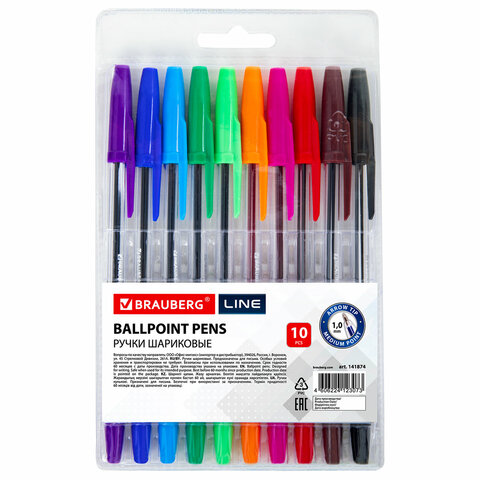 Ручки шариковые BRAUBERG, НАБОР 10 шт., АССОРТИ, "Line", корпус прозрачный, узел 1 мм, линия письма 0,5 мм