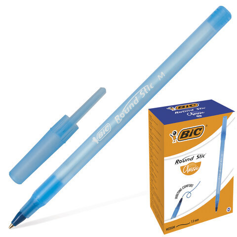 Ручка шариковая BIC "Round Stic", СИНЯЯ, корпус голубой, узел 1 мм, линия письма 0,32 мм
