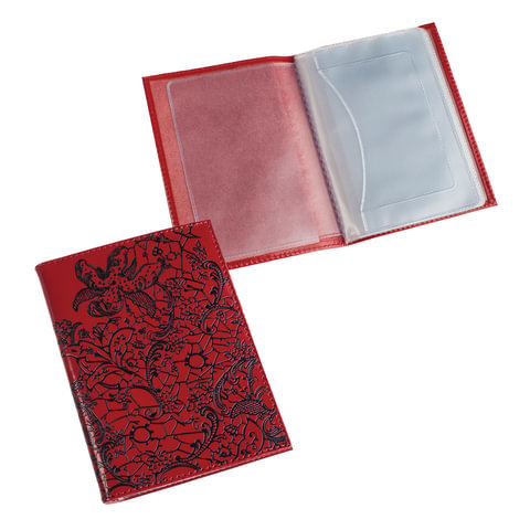 Бумажник водителя BEFLER "Гипюр", натуральная кожа, тиснение, 6 пластиковых карманов, красный