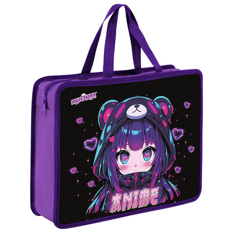 Папка на молнии с ручками ЮНЛАНДИЯ А4, 1 отделение, пластик, 80 мм, "Anime fan"