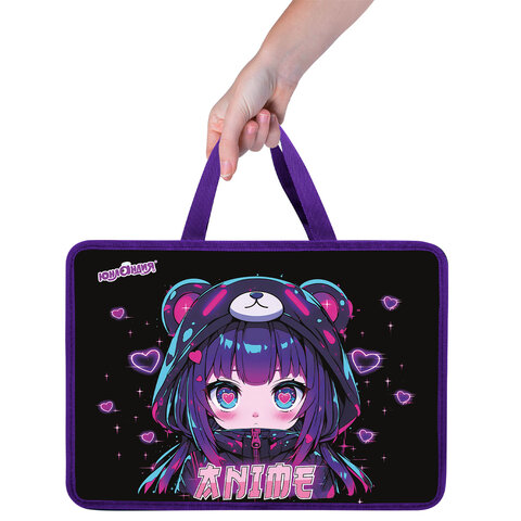 Папка на молнии с ручками ЮНЛАНДИЯ А4, 1 отделение, пластик, 80 мм, "Anime fan"