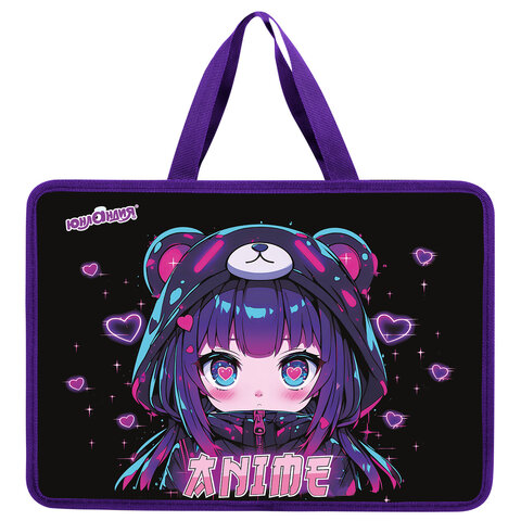 Папка на молнии с ручками ЮНЛАНДИЯ А4, 1 отделение, пластик, 80 мм, "Anime fan"