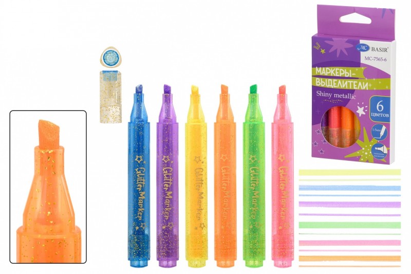 Набор текстмаркеров: "Shiny metallic"; маркеры с эффектом металлик, чернила на водной основе, 6 цветов; в картонной упаковке.