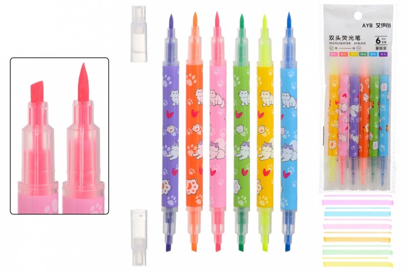 Набор текстовыделителей: на водной основе, быстросохнущие, двусторонние - линер и кистевидный наконечник, толщина линии 1-6 mm, трёхгранный корпус /дл