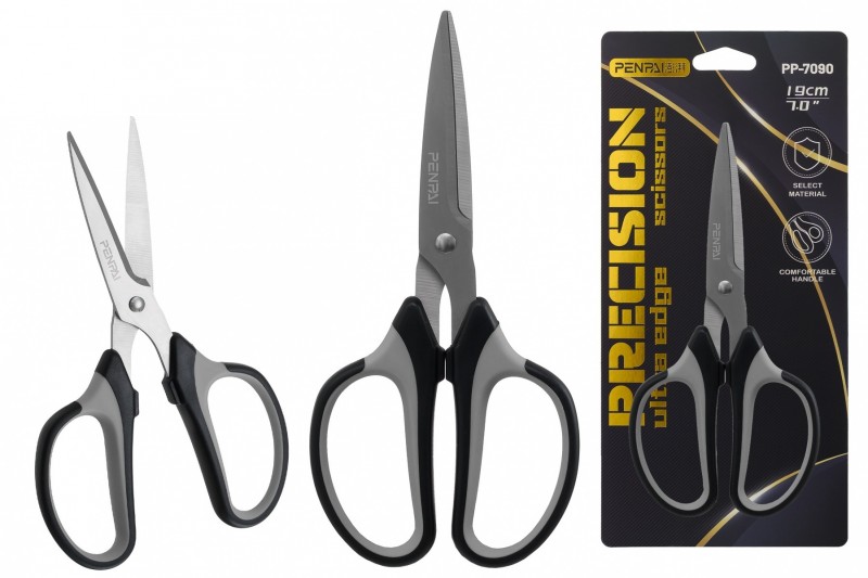 Ножницы: PREMIUM, ультра острые; удобные пластиковые ручки, резиновые вставки, длина ножниц 19 cm, лезвие 7 cm.
