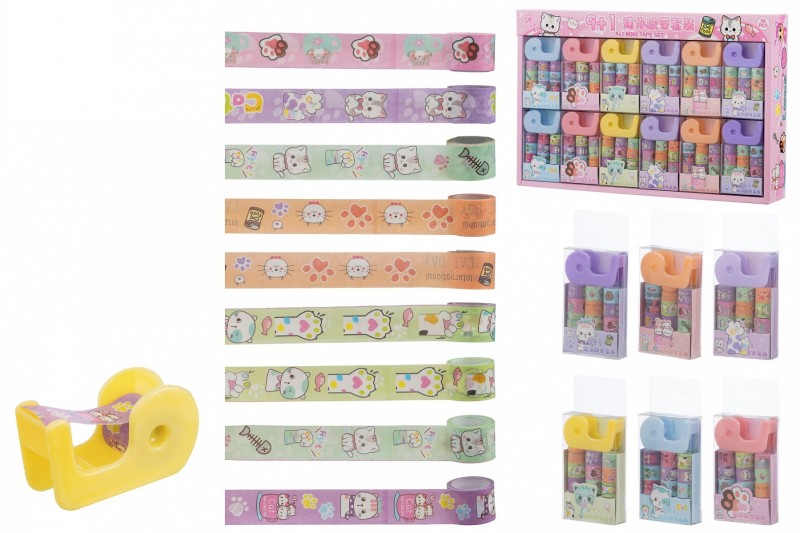 Скотч детский: "КОШКИ ЛАПКИ"; для творчества, бумажный декоративный, 9 штук+диспенсер, пластиковая упаковка с европодвесом /8,5*5 см/.