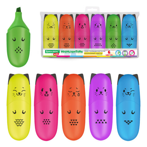 Набор текстовыделителей мини 6 ЦВЕТОВ BRAUBERG KIDS CUTE CATS NEON, линия 1-5 мм, 152435