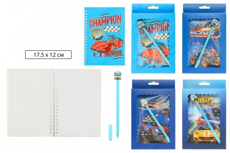 Блокнот детский+ручка: "МАШИНЫ"; в подарочной упаковке (18*13 см) с европодвесом; гелевая ручка с наконечником-машинка; яркая, цветная обложка евроспи