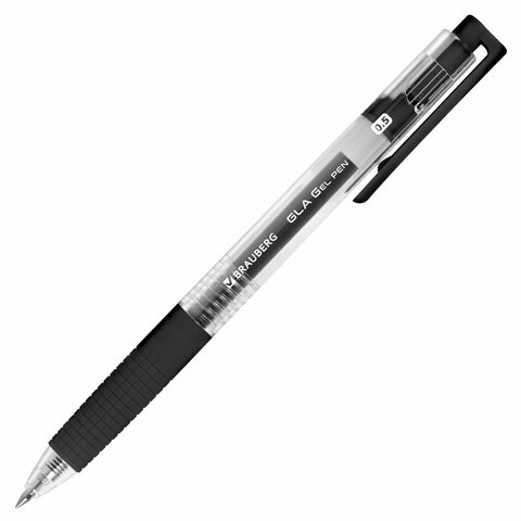 Ручка гелевая автоматическая с грипом BRAUBERG GLA, ЧЕРНАЯ, стандартный узел 0,5 мм, линия письма 0,35 мм, 144215