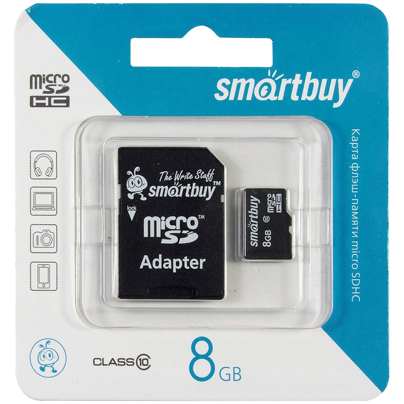 Карта памяти SmartBuy MicroSDHC 8GB, Class 10, скорость чтения 10Мб/сек (с адаптером SD)