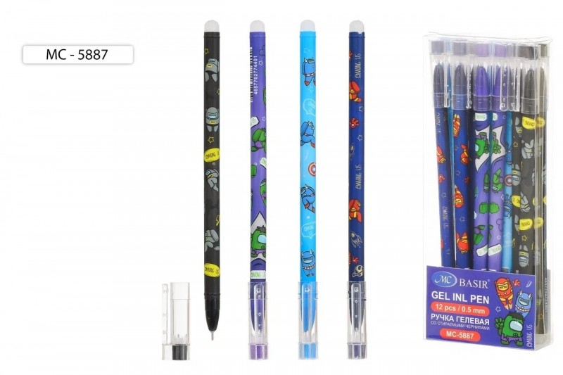 Ручка со стираемыми чернилами гелевая: "АСТРОНАВТЫ"; цветной корпус с рисунком /ассорти/; толщина наконечника-0,5 mm; цвет чернил-синий. МС-5887