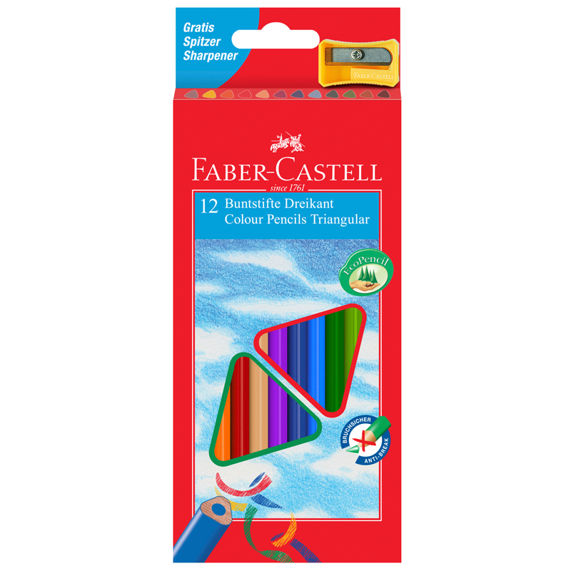 Карандаши цветные Faber-Castell "Ecopen" 12цв., трехгран., заточен., картон, европодвес, с точилкой