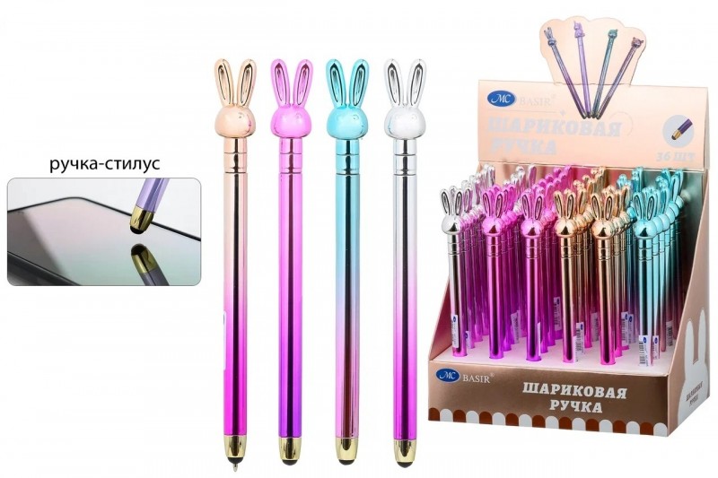 Шариковая ручка с поворотным механизмом+стилус: цветной-металлик корпус /ассорти/, наконечник-ЗАЙЧИК; цвет чернил синий.