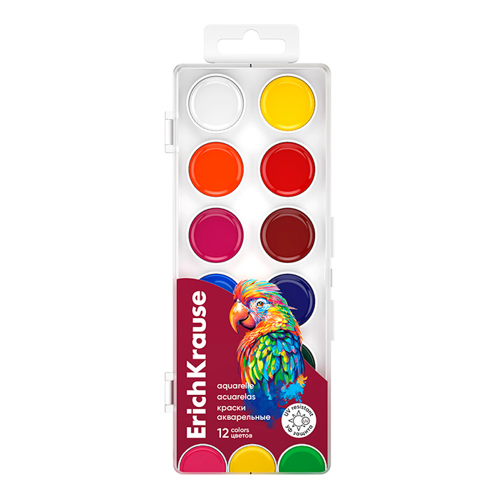 Краски акварельные 12цв Erich Krause "Safari", без кисти, уф защита, пластиковая упаковка, европодвес