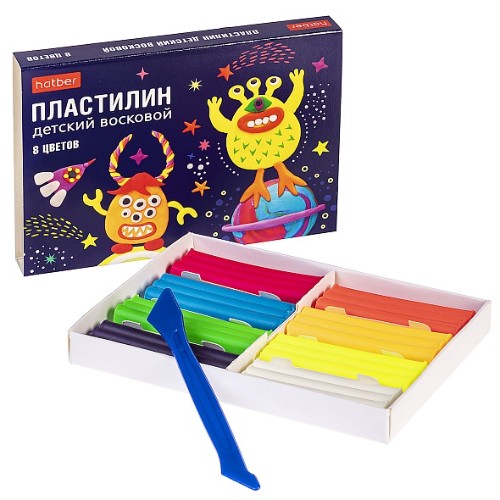 Пластилин 8цв 120г Hatber "Монстрики", восковая основа, неон, со стеком, картонная упаковка, европодвес
