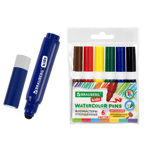 Фломастеры суперсмываемые толстые для малышей BRAUBERG KIDS, 6 цветов, ПВХ-упаковка